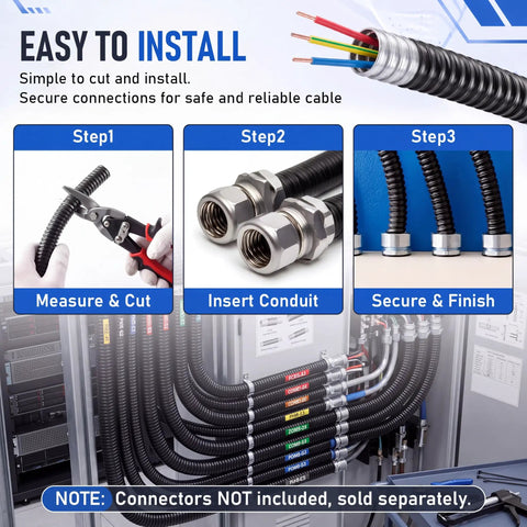 Installation steps for Rock Solid Black Liquid Tight Flexible Conduit For Electrical Wiring And Cable Management 25 Foot 1 Inch.