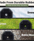 Donut RV Wheel Dock And Leveling Aid For Tongue Jacks on snow, grass, rock surfaces, durable rubber stabilizer blocks.