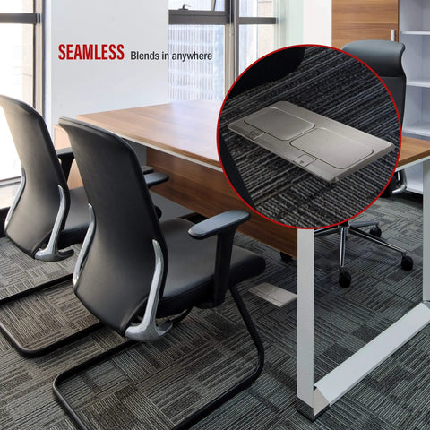 Office view showing Dual Pop Up Floor Box Kit For Hardwood Carpet And Tile Floors With Watertight Gasket inset on carpet floor