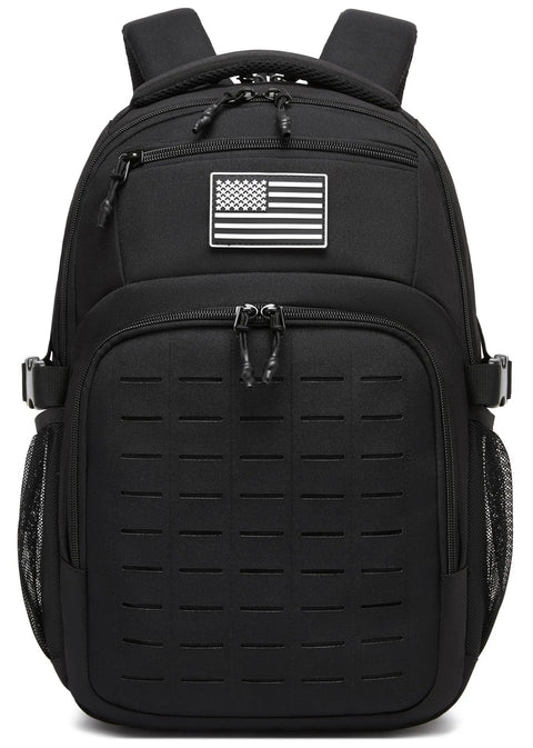 Front view of Military Tactical Backpack With Laser Cut MOLLE Webbing, 25L EDC Daypack, displaying black durable fabric and U.S. flag patch.