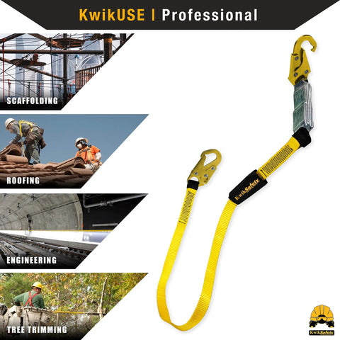 Rock Solid 6 Foot Flat Safety Lanyard With Quick Deploy Shock Absorber And Heavy Duty Yellow Webbing for scaffolding and roofing use.