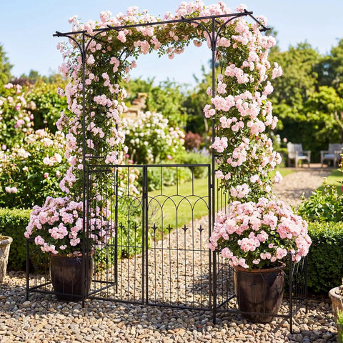 Garden Arbor With Gate And Planter, Metal Arch Trellis With Double Doors, 79 Inches Wide By 81 Inches High, roses climbing