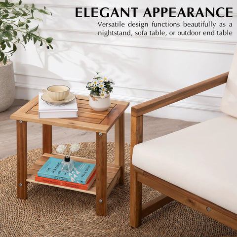 Solid Acacia Wood Side Table With Two Tier Storage For Indoor And Outdoor Use No Fuss Assembly End Table For Living Room