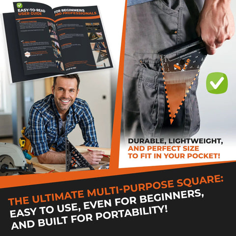 Six In One Carpenter Square Seven Inch T Square in use with user guide, pocket-friendly size for fast woodworking