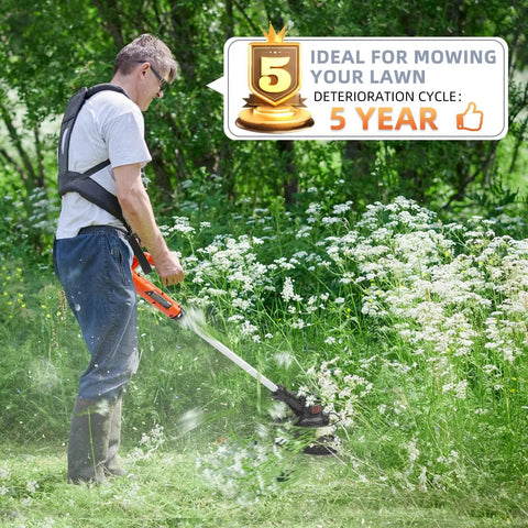 Person using a trimmer in a garden with a sign stating 'Ideal for mowing your lawn, deterioration cycle: 5 years'.
