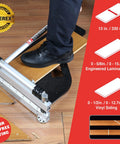 Person using 13 Inch Pro Laminate Floor Cutter for wide boards up to 330mm on engineered laminate floor with specifications shown