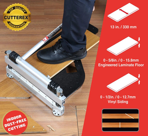 Person using 13 Inch Pro Laminate Floor Cutter for wide boards up to 330mm on engineered laminate floor with specifications shown
