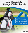 Golf Valuables Pouch With Zipper attached to a golf bag showing compact, durable organizer for tees, balls, divot tools, and valuables.
