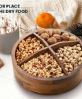 Premium 12 Inch Acacia Wood Lazy Susan Rotating Tray With Four Removable Dividers High Rim Kitchen Spice Rack Snack Divider Smooth Turn total game changer tabletop display with assorted nuts.