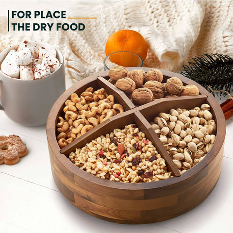 Premium 12 Inch Acacia Wood Lazy Susan Rotating Tray With Four Removable Dividers High Rim Kitchen Spice Rack Snack Divider Smooth Turn total game changer tabletop display with assorted nuts.