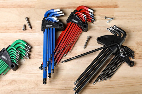 Metric Long Arm Ball End Hex Key Set with Chrome Finish and Bright Blue Anti-Slip Coating, includes 9 sizes from 1.5mm to 10mm in case