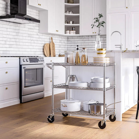 Heavy Duty Metal Rolling Utility Cart With 3 Adjustable Steel Shelves And Handy Handle Bar, NSF Commercial Grade, 500 Lb Capacity, Perfect For Restaurant, Garage, Warehouse, Kitchen, Or Office, 36 Inch Wide, in kitchen