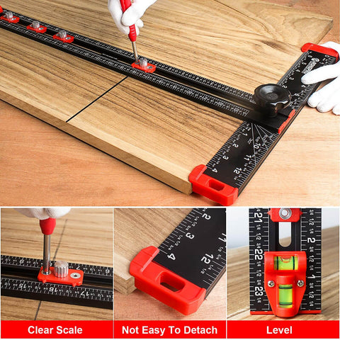 4 In 1 Adjustable T Square Measuring Tools With A 24 Inch Aluminum Ruler Protractor Bevel Gauge And Square For DIY Woodworking Pro Grade Quality Handy Cabinet Hardware Jig Marking Gauge Kit Includes Portable Storage Bag In Black, shown in use on wood surface.