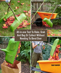 Leaf Grabber Rake with Long Handle and Cushioned Grip for Leaves, Clippings, Twigs; showing curved poly blades in yard cleanup.