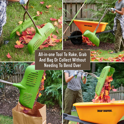 Leaf Grabber Rake with Long Handle and Cushioned Grip for Leaves, Clippings, Twigs; showing curved poly blades in yard cleanup.