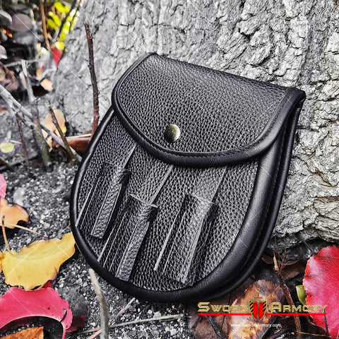 Dope Renaissance Scottish Medieval Faux Leather Sporran Pouch Bag Black with adjustable strap against tree roots
