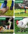 Collage showing Heavy Duty 50 Pack Four Inch Landscape Staples Galvanized Ground Stakes For Weed Barriers Irrigation Tubing Landscaping Fabric and Lawn or Garden Use Rust Resistant Durable Outdoor Staples Built For All Weather used in sod installation, irrigation, decorations, and animal fencing.