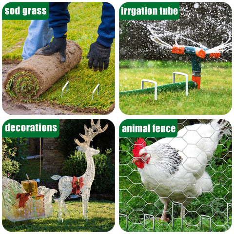 Collage showing Heavy Duty 50 Pack Four Inch Landscape Staples Galvanized Ground Stakes For Weed Barriers Irrigation Tubing Landscaping Fabric and Lawn or Garden Use Rust Resistant Durable Outdoor Staples Built For All Weather used in sod installation, irrigation, decorations, and animal fencing.