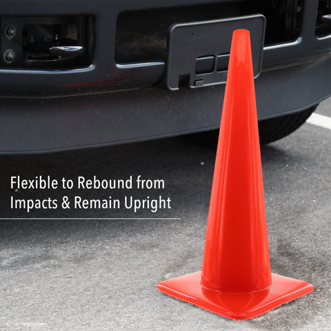 High Visibility Orange Safety Cone For Traffic And Worksites, 28 Inch Durable LDPE Cone with UV Stabilizer in front of vehicle