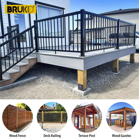 Heavy Duty Stainless Steel Deck Post Base And Anchor Bracket For Fences And Railings Porches Pavilions Concrete Support Base 6x6 Actual 5.5x5.5 In Dark Gray Finish 4 Pack supporting deck railing on elevated porch with wood posts