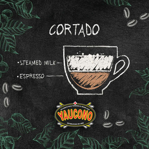 Chalk drawing of a cortado coffee with layers of steamed milk and espresso, surrounded by coffee beans and leaves, with Yaucono logo.