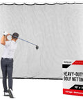 Golfer practicing with 10 Foot By 10 Foot Sports Netting Hitting Net For Golf Baseball Hockey Soccer Lacrosse And More Backyard Practice Netting