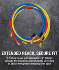 Three Color HVAC Charging Hoses With Ball Valve Kit, Five Foot Long, Color Coded Red Blue Yellow on stone background
