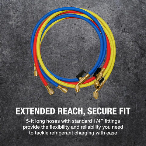 Three Color HVAC Charging Hoses With Ball Valve Kit, Five Foot Long, Color Coded Red Blue Yellow on stone background