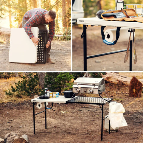 Folding Tailgate Table With Grill Rack For Outdoor Camping And Grilling, 5 Foot Portable Prep Station set up in forest area