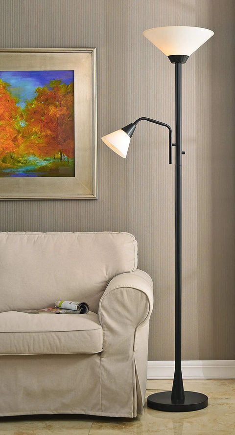Rush Floor Lamp In Oil Rubbed Bronze 72 Inch Tall Torchiere With White Glass Shade next to beige sofa in living room
