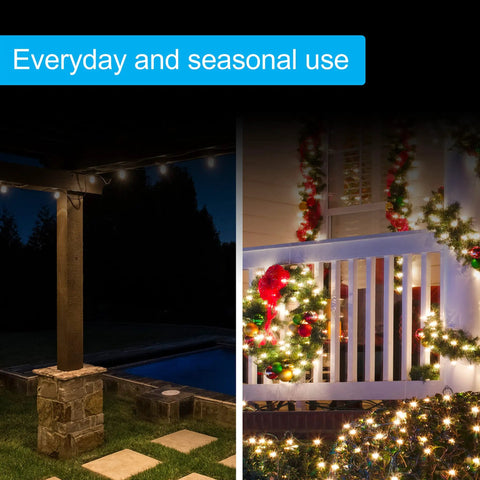Straight Up Slick Outdoor Light Timer With Photocell Dusk To Dawn Sensor And Triple Grounded Outlet For Garden Decor Countdown Control No Sweat Setup Top Shelf Weatherproof Switch illuminating a decorated porch with seasonal lights.