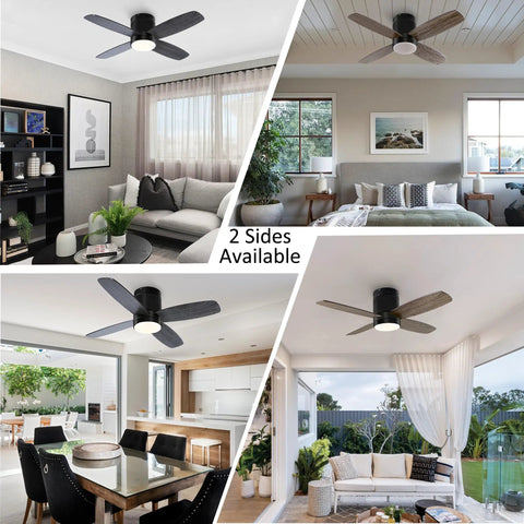 38 Inch Flush Mount Ceiling Fan With Light Remote And App Control Dimmable LED Light Quiet DC Motor in various home settings