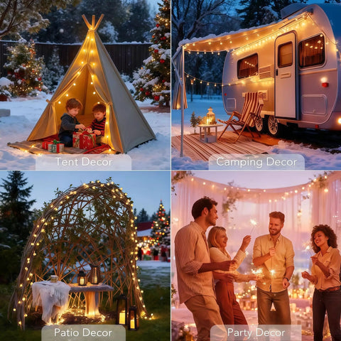 Collage showing Solar String Lights Outdoor IP65 Waterproof 9.3 Feet With 20 Crystal Globe Bulbs in tent, camping, patio, and party setups.