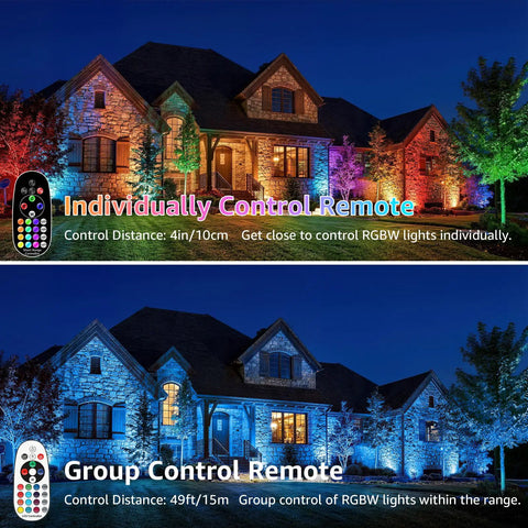All In One Low Voltage Landscape Lighting Kit With 12 RGBW 3W LEDs, house illuminated in colors using remote controls