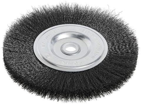 Fine Crimped Wire Bench Wheel Brush, 6-Inch Diameter,.008-Inch Wire, Dual Arbor 1/2-Inch And 5/8-Inch, close-up of metal bristles