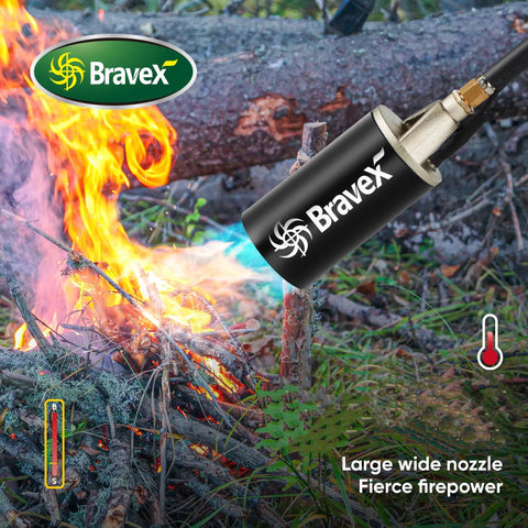 Weed Torch Kit With 10 Ft Hose High Output Propane Torch used on outdoor wood pile, showing blue flames and large nozzle in action.