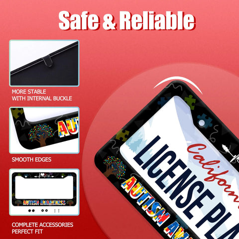 Close-up of Colorful License Plate Frame with Puzzle Heartbeat Line Design in Premium Stainless Steel; shows buckle and smooth edges