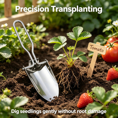 Ultra Portable Folding Shovel For Camping And Garden Tasks Mini Trowel with strawberry and tomato plants