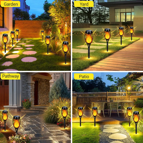 Upgraded 10 Pack Solar Torch Lights Outdoor With Realistic Flickering Flames Waterproof Solar Powered Tiki Torches installed