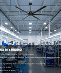 100 Inch HVLS Industrial Ceiling Fan With Quiet 90W DC Motor, 6 Aluminum Blades in a spacious warehouse