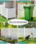 Two 44 Inch By 44 Inch Vinyl Privacy Fence Panels For Outdoor Air Conditioner And Trash Can Enclosure, Weather Resistant Backyard Screen With Metal Stakes, Versatile Vinyl Pool Equipment Enclosure For L Shaped Or Straight Layout, shown enclosing AC, trash can, garden, and pet area.