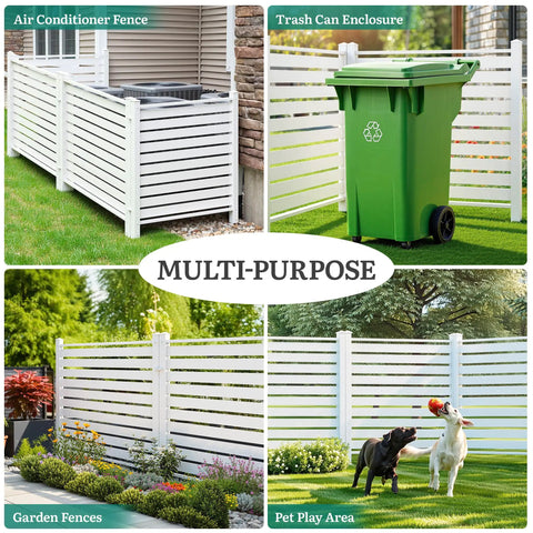 Two 44 Inch By 44 Inch Vinyl Privacy Fence Panels For Outdoor Air Conditioner And Trash Can Enclosure, Weather Resistant Backyard Screen With Metal Stakes, Versatile Vinyl Pool Equipment Enclosure For L Shaped Or Straight Layout, shown enclosing AC, trash can, garden, and pet area.