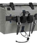 Alt Tag: MULE 12 Bikepacking Handlebar Bag IPX5 Waterproof Roll-Top With Aluminum Stabilizer Bar in wolf grey color