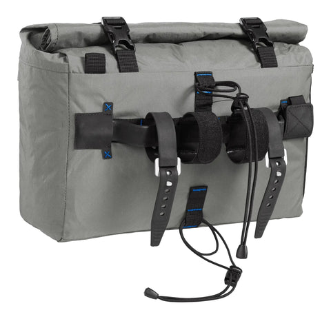 Alt Tag: MULE 12 Bikepacking Handlebar Bag IPX5 Waterproof Roll-Top With Aluminum Stabilizer Bar in wolf grey color