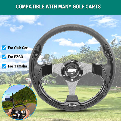 Heavy Duty Golf Cart Steering Wheel With Slick Non Slip Grip Fits Club Car EZGO And Yamaha Models, black PVC design.