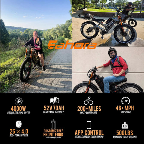 Beast Mode Dual Motor Adult Electric Bike 4000W Top Speed 46 Mph 52V 70Ah Battery 200 Mile Range 26 X 40 Fat Tire Full Suspension Ebike Crushes Every Trail on trail and urban settings.