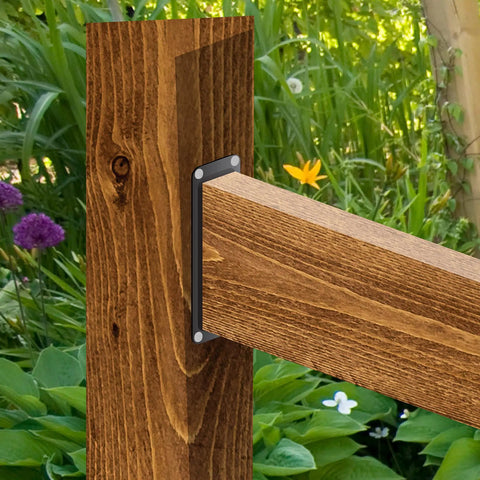 Grip Tight Steel Rail Bracket And Connector Plate For 2 By 6 Wood Deck Or Fence Fast Mount Matte Black Metal joiner on wooden post.