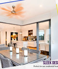 Modern dining area with ceiling fan, showcasing 3 Speed In Wall Ceiling Fan Control With Slider Switch For Quiet Operation No Fuss Easy Install 120V AC 2.5A Single Pole No Neutral Wire Required White Decorator Style Fan Controller Fits Residential Or Commercial Fans.