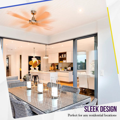 Modern dining area with ceiling fan, showcasing 3 Speed In Wall Ceiling Fan Control With Slider Switch For Quiet Operation No Fuss Easy Install 120V AC 2.5A Single Pole No Neutral Wire Required White Decorator Style Fan Controller Fits Residential Or Commercial Fans.