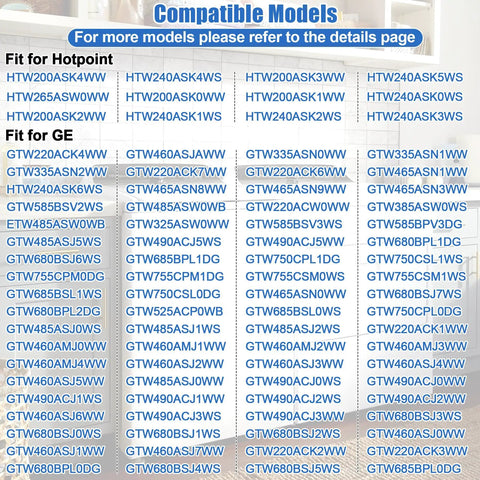 Image showing compatible models list for Must Have Complete Washer Repair Kit With Transmission Pulley And Nut, Washer Shift Actuator, Drive Belt, Clutch And Clutch Spring For GE And Hotpoint Washers Replacement Parts.